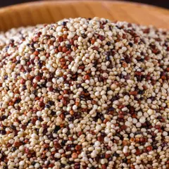 Ein Haufen bunter Quinoa, ein nährstoffreiches Pseudo-Getreide, in einer Holzschale.