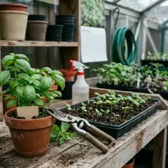 Eine üppige basilikum pflanze in einem Terrakotta-Topf steht neben einer Gartenschere auf einem Holztisch in einem Gewächshaus.