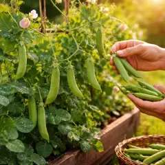 Hände ernten frische Erbsen von Pflanzen. Ein Korb voller Erbsen steht bereit.