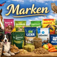 Vielfalt an pferdefutter marken wie Pavo, Eggersmann, Marstall, Höveler, St. Hippolyt, Lexa und Derby. Tiere wie Pferde, Ziegen, Hunde, Katzen und Kaninchen sind abgebildet.