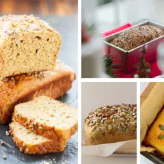 Vier verschiedene Brote, die Lust aufs kleines Brot backen machen. Eines ist mit Körnern bestreut, ein anderes mit Kürbiskernen belegt.