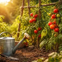 Reife Tomaten am Strauch, Gießkanne und Schaufel im Beet. Die Sonne scheint. Wann kann man Tomaten pflanzen? Nach den Eisheiligen!