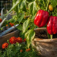 Zwei rote Paprika reifen an der Pflanze, flankiert von leuchtend orangefarbenen Blumen. Gießkannen und ein Holzkasten deuten auf gute Nachbarn im Garten hin.