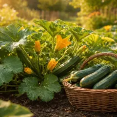 Frisch geerntete Zucchini liegen in einem Korb neben blühenden Pflanzen. Der richtige zucchini pflanzen abstand sorgt für gesunde Ernte.