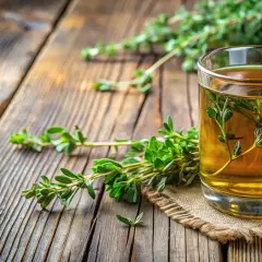 Ein Glas goldener Tee mit Thymianzweigen, ein Beweis für die vielseitige Thymian Verwendung. Frische Kräuter liegen daneben auf rustikalem Holz.