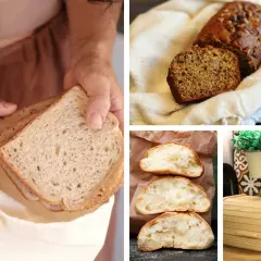 Brot frisch halten: Scheibenbrot wird in einen Stoffbeutel gelegt, daneben ein Nussbrot, aufgeschnittene Brötchen und eine Holzbrotdose.