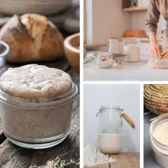 Ein Glas mit blubberndem Sauerteig, daneben ein Brot. Eine Bäckerin knetet Teig. Der Prozess der Sauerteig Hefe.