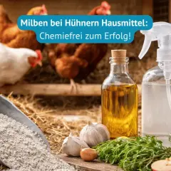 Hühner im Stall mit Hausmitteln gegen Milben: Kalk, Öl, Knoblauch und Kräuter für eine natürliche Behandlung.