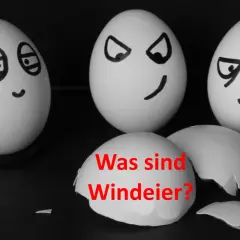 Drei Eier mit Gesichtern, eines davon ein Windei-Huhn, fragt: "Was sind Windeier?".
