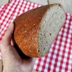Eine Hand hält ein frisch gebackenes, genetztes Brot mit knuspriger Kruste und weicher Krume. Darunter liegt eine rot-weiße karierte Serviette.