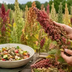Bunte Quinoa-Felder im Hintergrund. Eine Hand hält eine Rispe mit roten Quinoa-Samen. Daneben eine Schüssel mit Quinoa-Salat. Die bitteren Saponine werden vor der Verarbeitung entfernt.