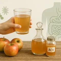 Apfelessig für die Leber: Ein Glas Apfelessig, Äpfel und eine Darstellung des Verdauungssystems.