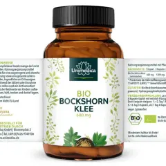 Flasche mit Bio Bockshornklee Kapseln. Die Inhaltsstoffe sind auf dem Etikett aufgeführt, darunter Bio Bockshornkleesamenpulver.
