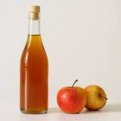 Flasche mit bernsteinfarbenem Apfelessig, daneben zwei Äpfel. So wird aus Obst Essig!