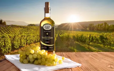 Flasche Vermentino-Essig, der aus Wein gewonnen wird, steht neben frischen Trauben vor einer sonnenbeschienenen Weinlandschaft.