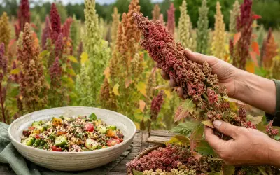 Bunte Quinoa-Felder im Hintergrund. Eine Hand hält eine Rispe mit roten Quinoa-Samen. Daneben eine Schüssel mit Quinoa-Salat. Die bitteren Saponine werden vor der Verarbeitung entfernt.