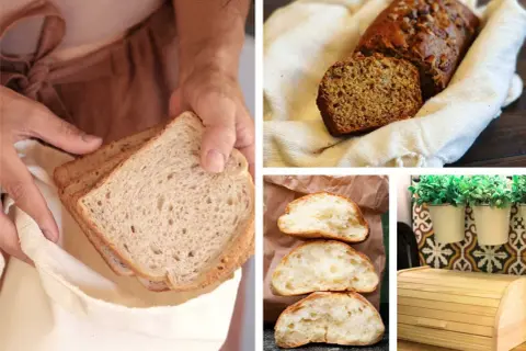 Brot frisch halten: Scheibenbrot wird in einen Stoffbeutel gelegt, daneben ein Nussbrot, aufgeschnittene Brötchen und eine Holzbrotdose.