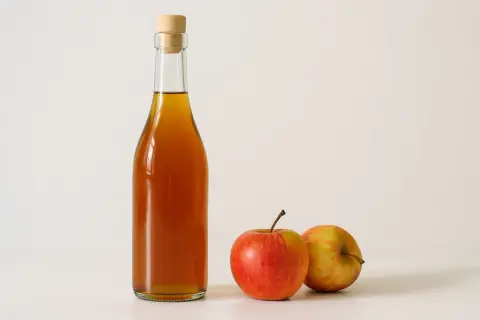 Flasche mit bernsteinfarbenem Apfelessig, daneben zwei Äpfel. So wird aus Obst Essig!
