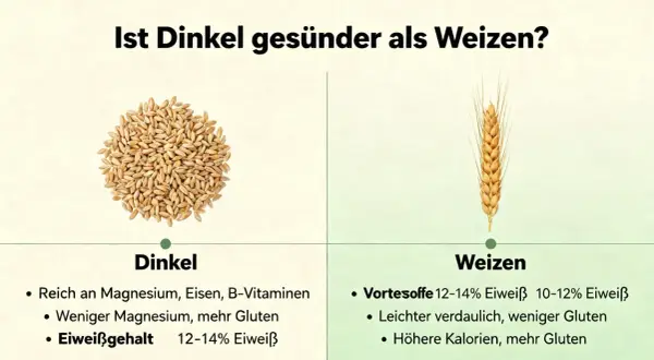 Vergleich von Dinkel und Weizen: Dinkel ist reich an Magnesium und Eisen, Weizen leichter verdaulich. Der Unterschied zwischen Dinkel und Vollkorn zeigt sich in Nährwerten und Gluten.