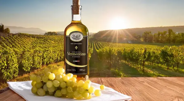 Flasche Vermentino-Essig, der aus Wein gewonnen wird, steht neben frischen Trauben vor einer sonnenbeschienenen Weinlandschaft.