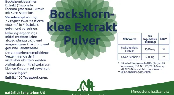 Bockshornklee Extrakt Pulver: 2 Messlöffel (500 mg) täglich in Flüssigkeit einnehmen. Enthält 100 Tagesportionen.