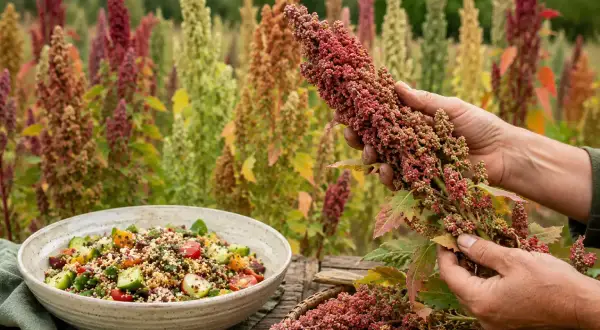Bunte Quinoa-Felder im Hintergrund. Eine Hand hält eine Rispe mit roten Quinoa-Samen. Daneben eine Schüssel mit Quinoa-Salat. Die bitteren Saponine werden vor der Verarbeitung entfernt.