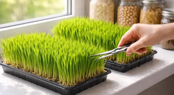 Frische gerstengras pflanze wird auf einem Fensterbrett geerntet. Gläser mit Körnern im Hintergrund.