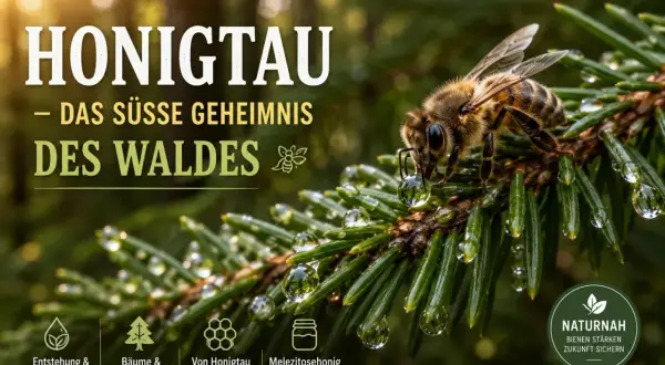 Eine Biene sammelt Tau auf Tannennadeln. Der Text erklärt die Waldhonig Herstellung und das süße Geheimnis des Waldes.