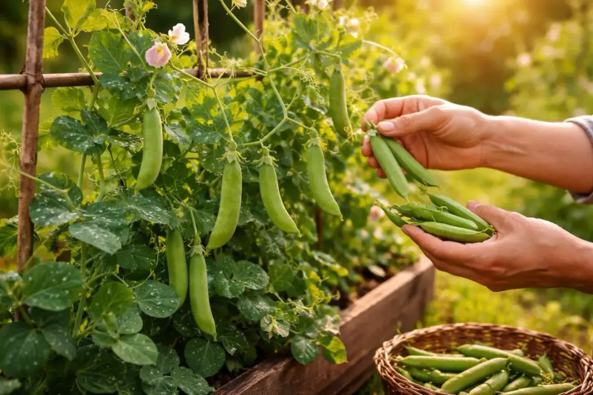 Hände ernten frische Erbsen von Pflanzen. Ein Korb voller Erbsen steht bereit.