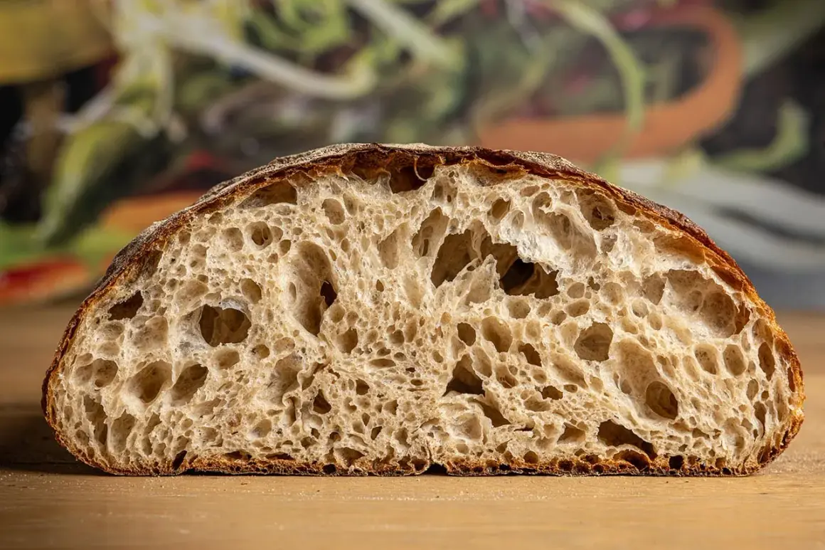 Schnitt eines rustikalen Brotes mit großer Porung, perfekt für ein Sylter Brot Rezept.