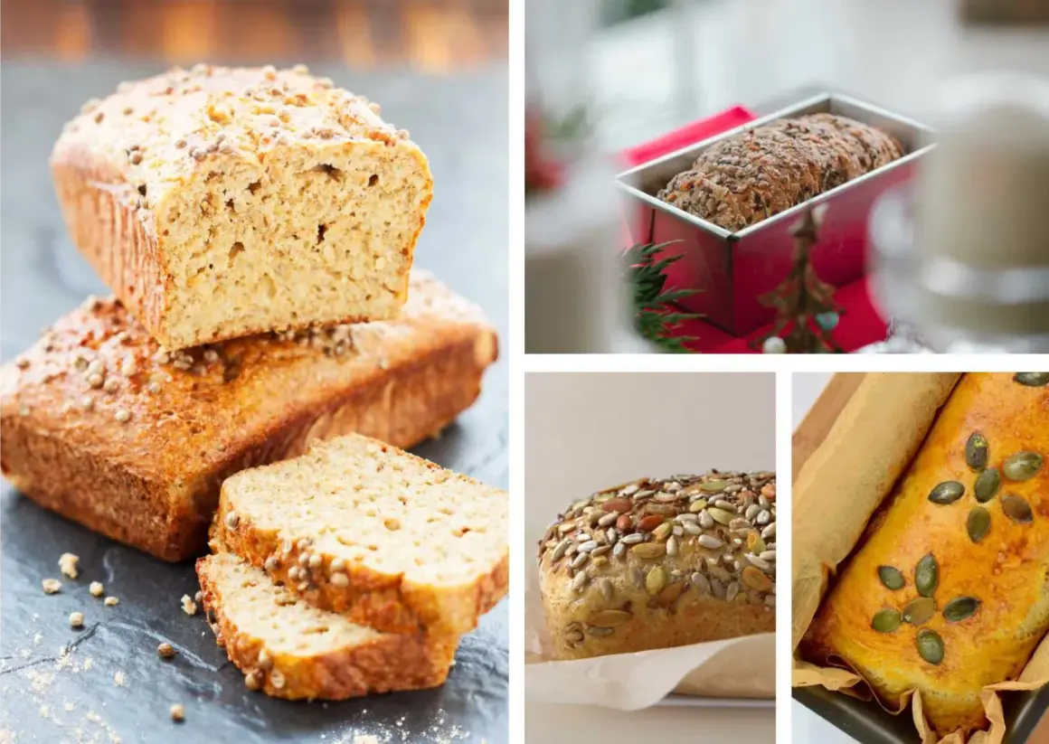 Vier verschiedene Brote, die Lust aufs kleines Brot backen machen. Eines ist mit Körnern bestreut, ein anderes mit Kürbiskernen belegt.