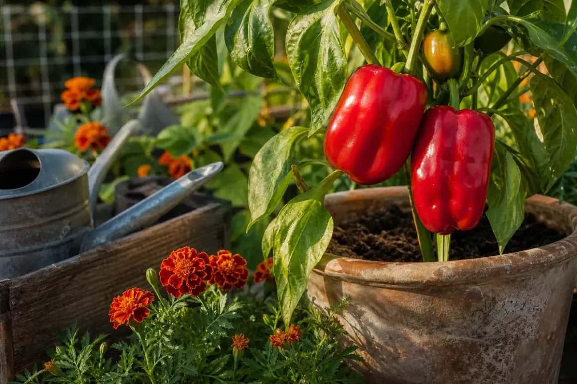 Zwei rote Paprika reifen an der Pflanze, flankiert von leuchtend orangefarbenen Blumen. Gießkannen und ein Holzkasten deuten auf gute Nachbarn im Garten hin.