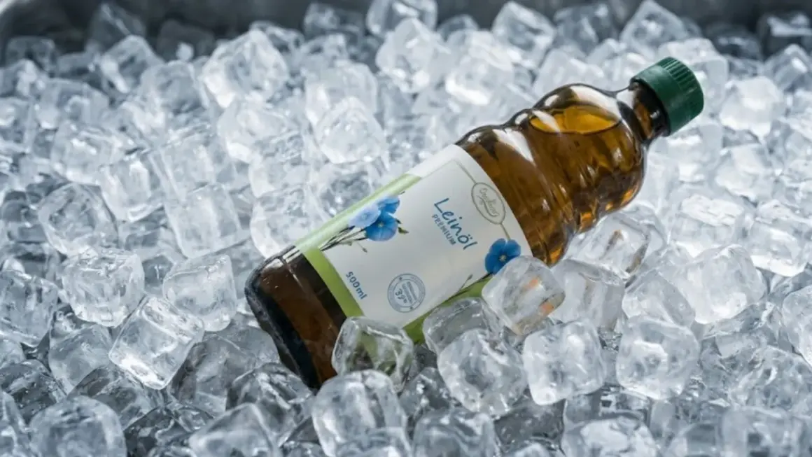 Flasche mit leinöl direkt von der mühle, gekühlt in Eiswürfeln.