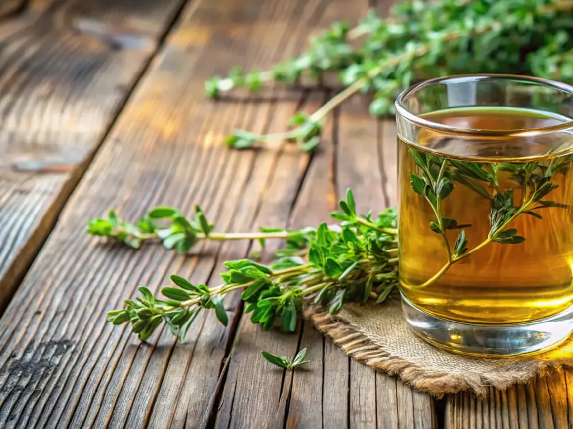 Ein Glas goldener Tee mit Thymianzweigen, ein Beweis für die vielseitige Thymian Verwendung. Frische Kräuter liegen daneben auf rustikalem Holz.