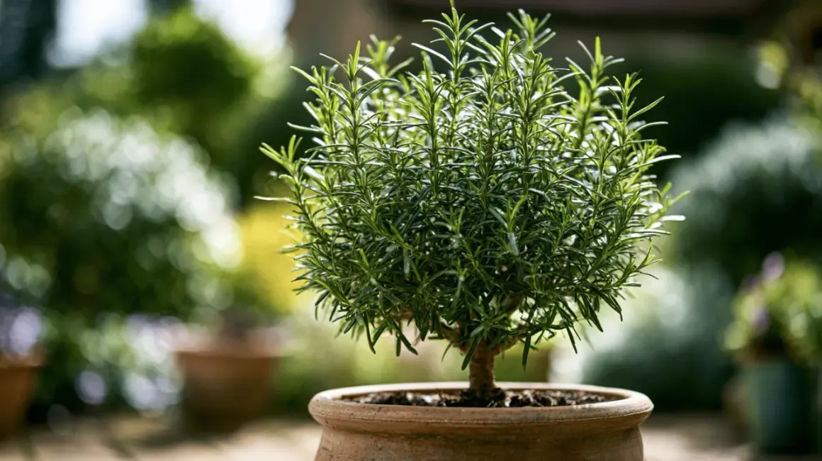 Ein üppiger Rosmarinstrauch im Topf, bereit für die Ernte. So erntest du Rosmarin richtig für maximales Aroma.