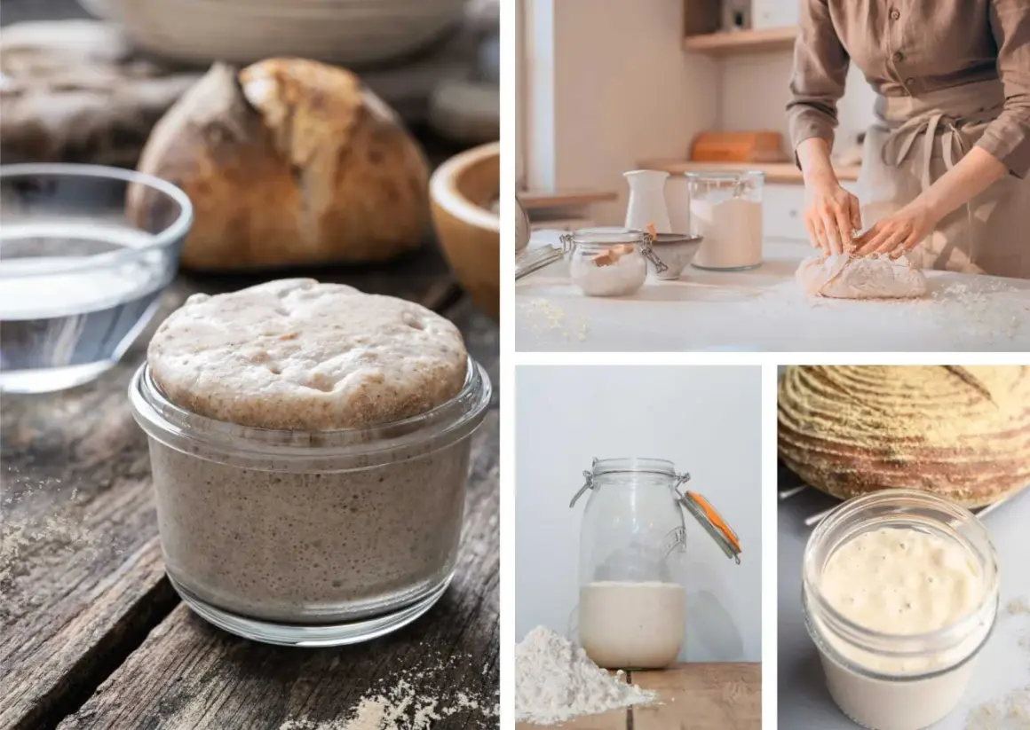 Ein Glas mit blubberndem Sauerteig, daneben ein Brot. Eine Bäckerin knetet Teig. Der Prozess der Sauerteig Hefe.