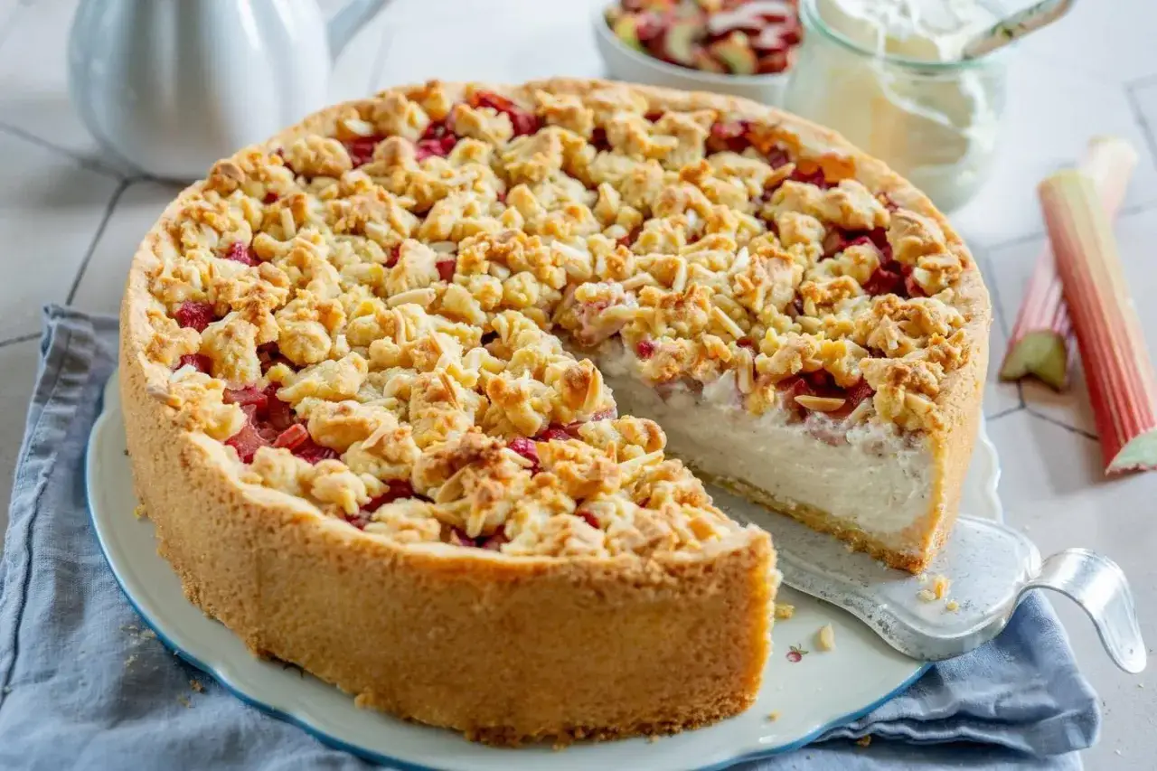 Ein köstlicher Rhabarber Rahm Kuchen mit knuspriger Streuseldecke und cremigem Inneren, bereit zum Genießen.