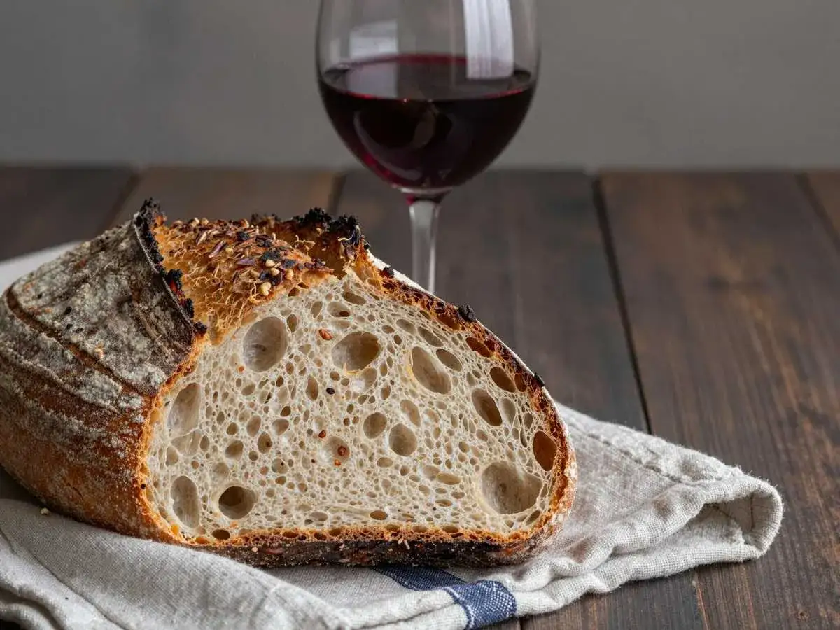 Ein aufgeschnittenes, rustikales country bread mit knuspriger Kruste und weicher Krume, daneben ein Glas Rotwein auf einem Leinentuch.