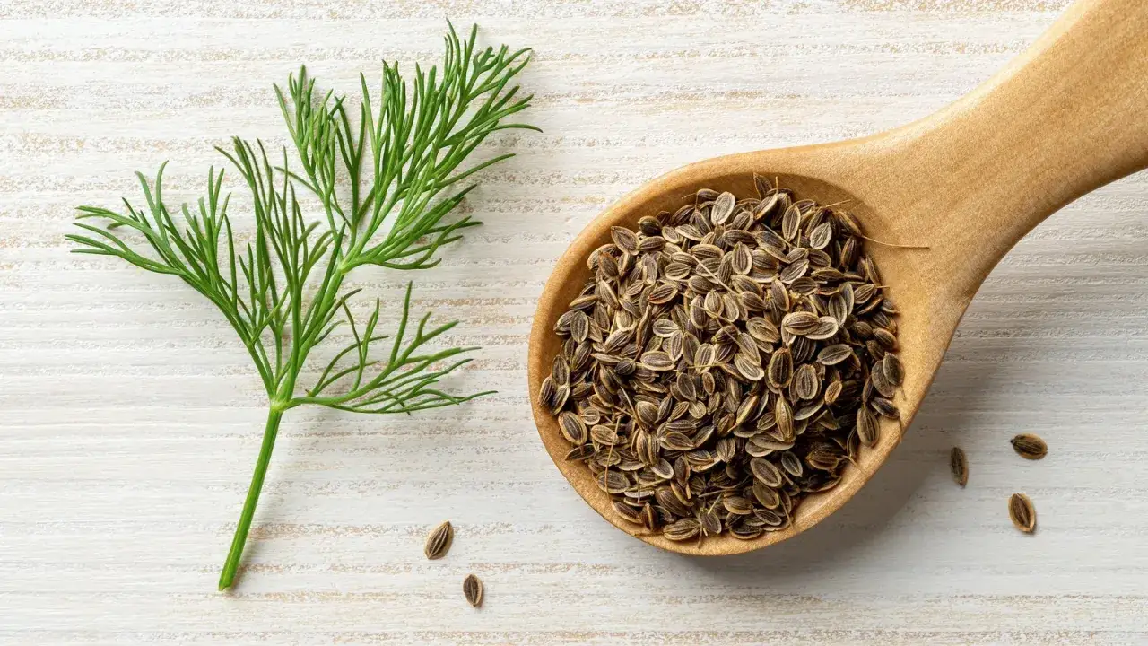 Frischer Dillzweig neben einem Holzlöffel voller Dill-Samen. Die Frage 