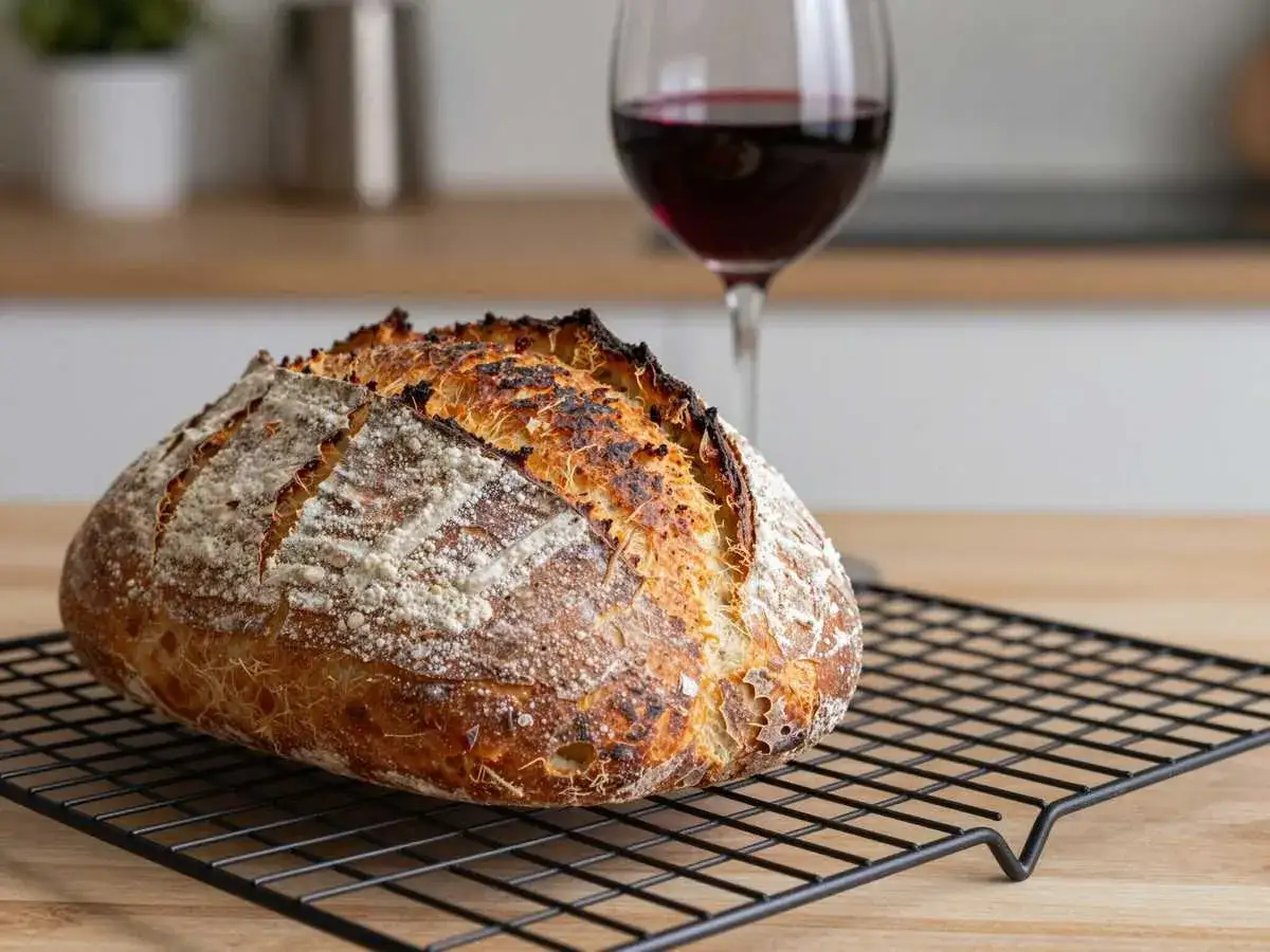 Ein frisch gebackenes Dinkel Mischbrot mit knuspriger Kruste ruht auf einem Gitter. Daneben ein Glas Rotwein.