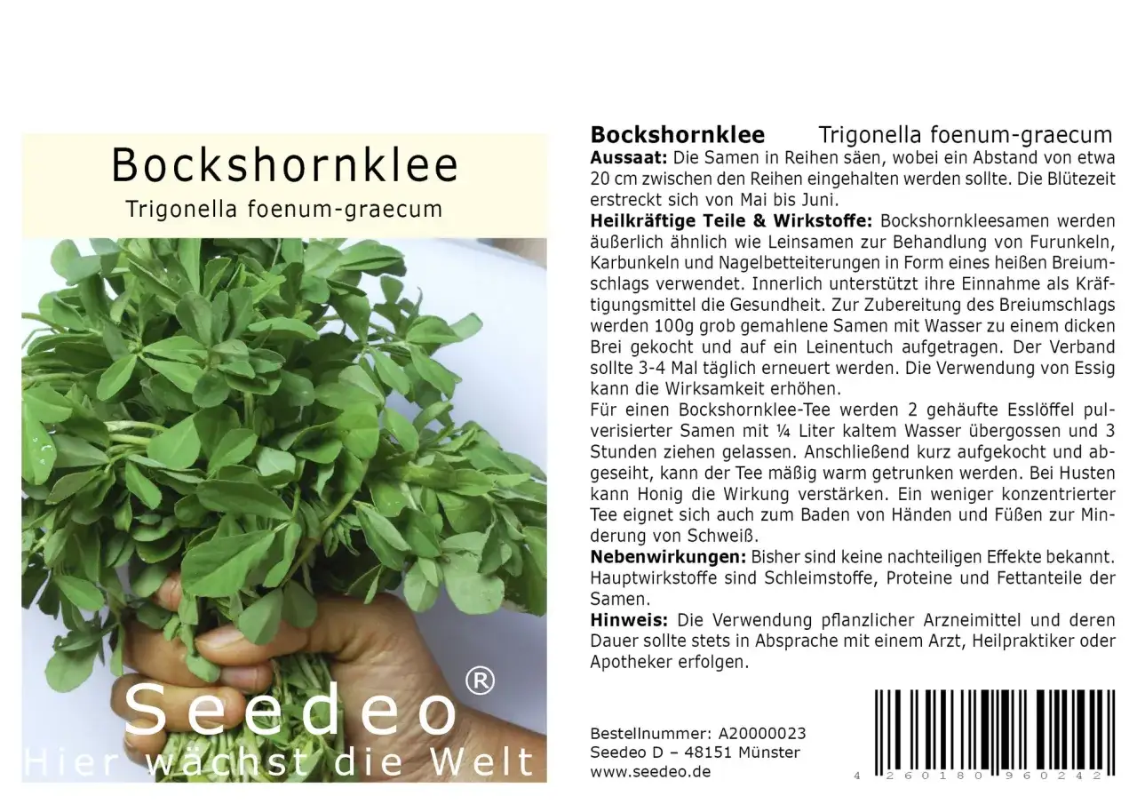 Bockshornklee mit seinen Inhaltsstoffen wie Schleimstoffen, Proteinen und Fettanteilen wird als Heilpflanze beschrieben.