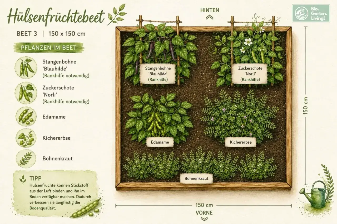 Ein Beet mit Stangenbohnen 'Blauhilde', Zuckerschoten 'Norli', Edamame, Kichererbsen und Bohnenkraut. Diese Mischkultur verbessert den Boden.