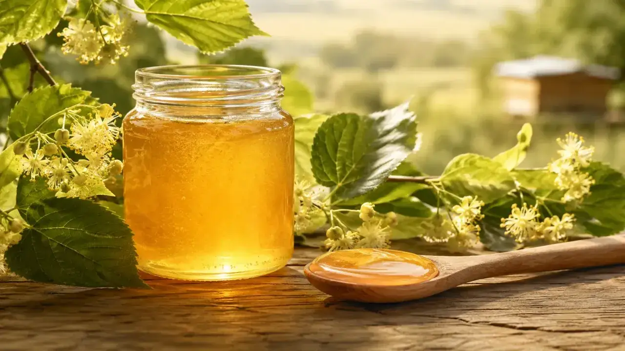 Ein Glas goldener Lindenhonig neben einem Löffel Honig, umgeben von Lindenblüten. Lindenhonig gesund und lecker!