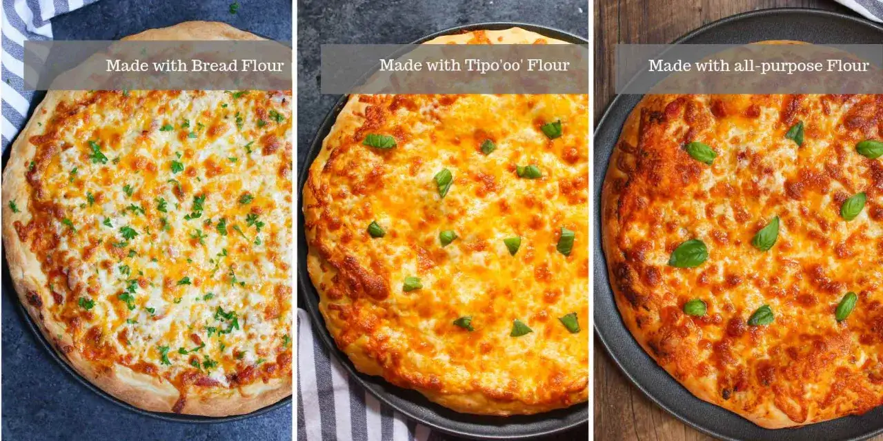Drei Pizzen nebeneinander: eine mit Brotmehl, eine mit Tipo '00' Mehl und eine mit Allzweckmehl. Was ist Pizzamehl?