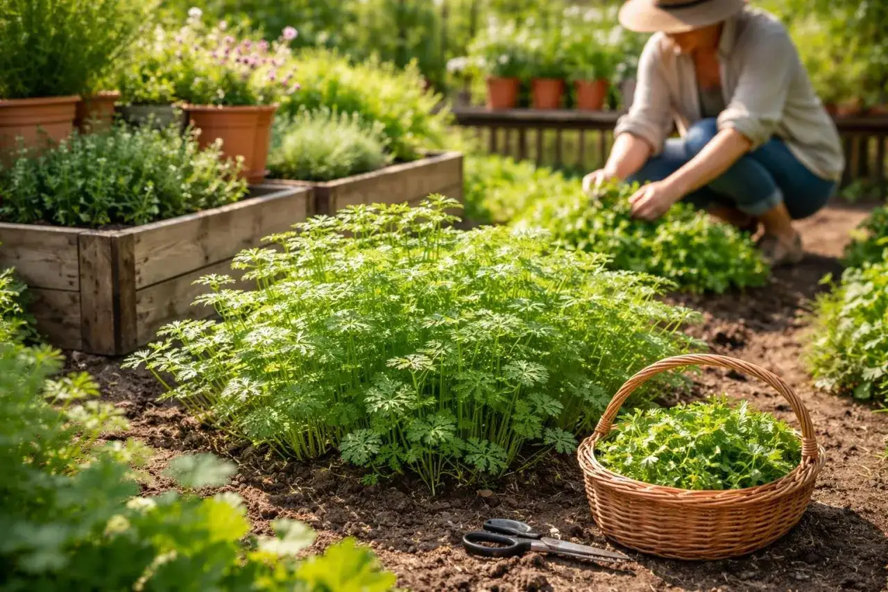 Ein üppiger Kerbelbusch im Garten, bereit zur Ernte. Daneben ein Korb voller frisch geschnittenem Kerbel und eine Schere.