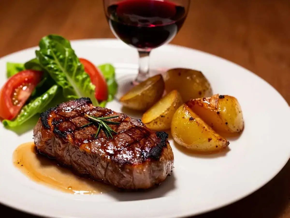 Saftiges Steak mit Rosmarinzweig, dazu Bratkartoffeln und Salat. Perfekt zu einem Glas Rotwein – so passt Rosmarin!
