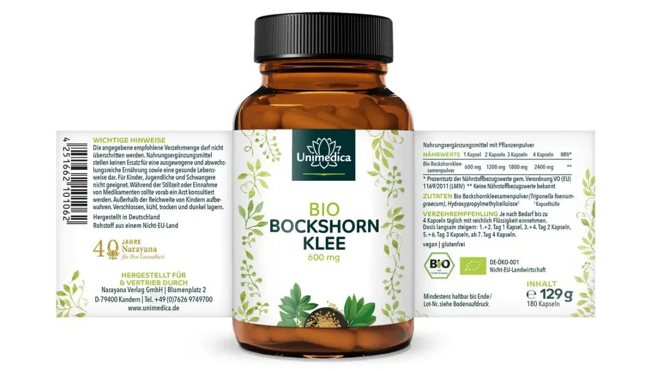 Bio Bockshornklee Kapseln von Unimedica. Nicht für Schwangere geeignet. 180 Kapseln à 600 mg.
