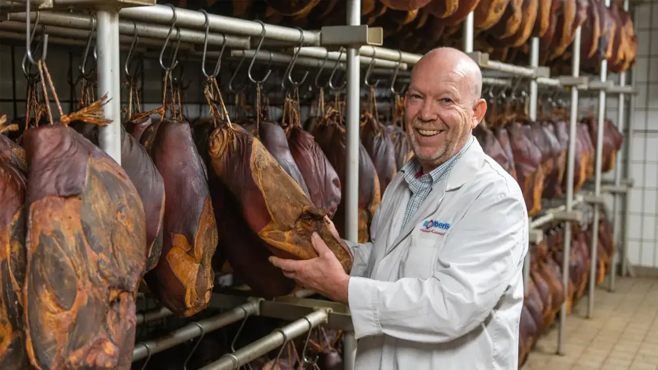 Ein Mann in einem weißen Kittel hält einen Schinken, der an der Decke hängt. Er erklärt, was ist Katenschinken: ein traditionell luftgetrockneter Schinken.
