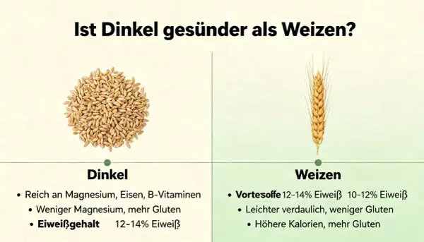 Vergleich von Dinkel und Weizen: Dinkel ist reich an Magnesium und Eisen, Weizen leichter verdaulich. Der Unterschied zwischen Dinkel und Vollkorn zeigt sich in Nährwerten und Gluten.