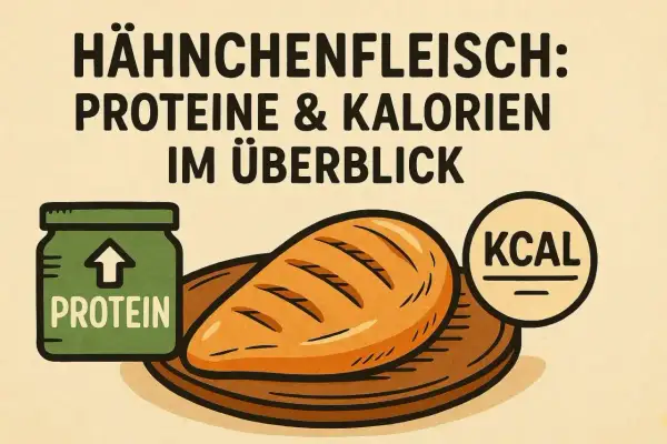 Hähnchenfleisch: Proteine & Kalorien im Überblick. Ein grüner Behälter mit "PROTEIN" und ein Brotlaib auf einem Teller.